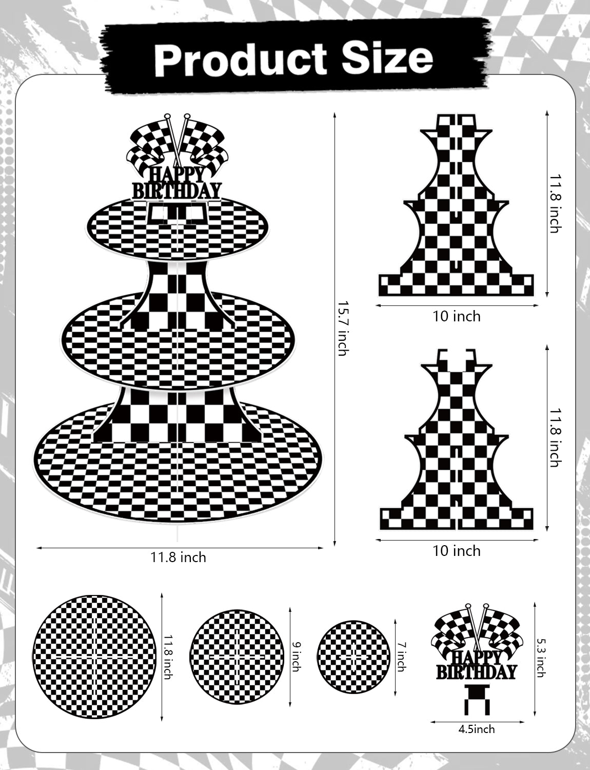 Race Car Cupcake Stand, 3-Tier Checkered Cake Stand for Birthday Large Cardboard Cupcake Stand, Black White Checkered Cupcake Holder for Dessert Table Display, Race Car Birthday Party Decor