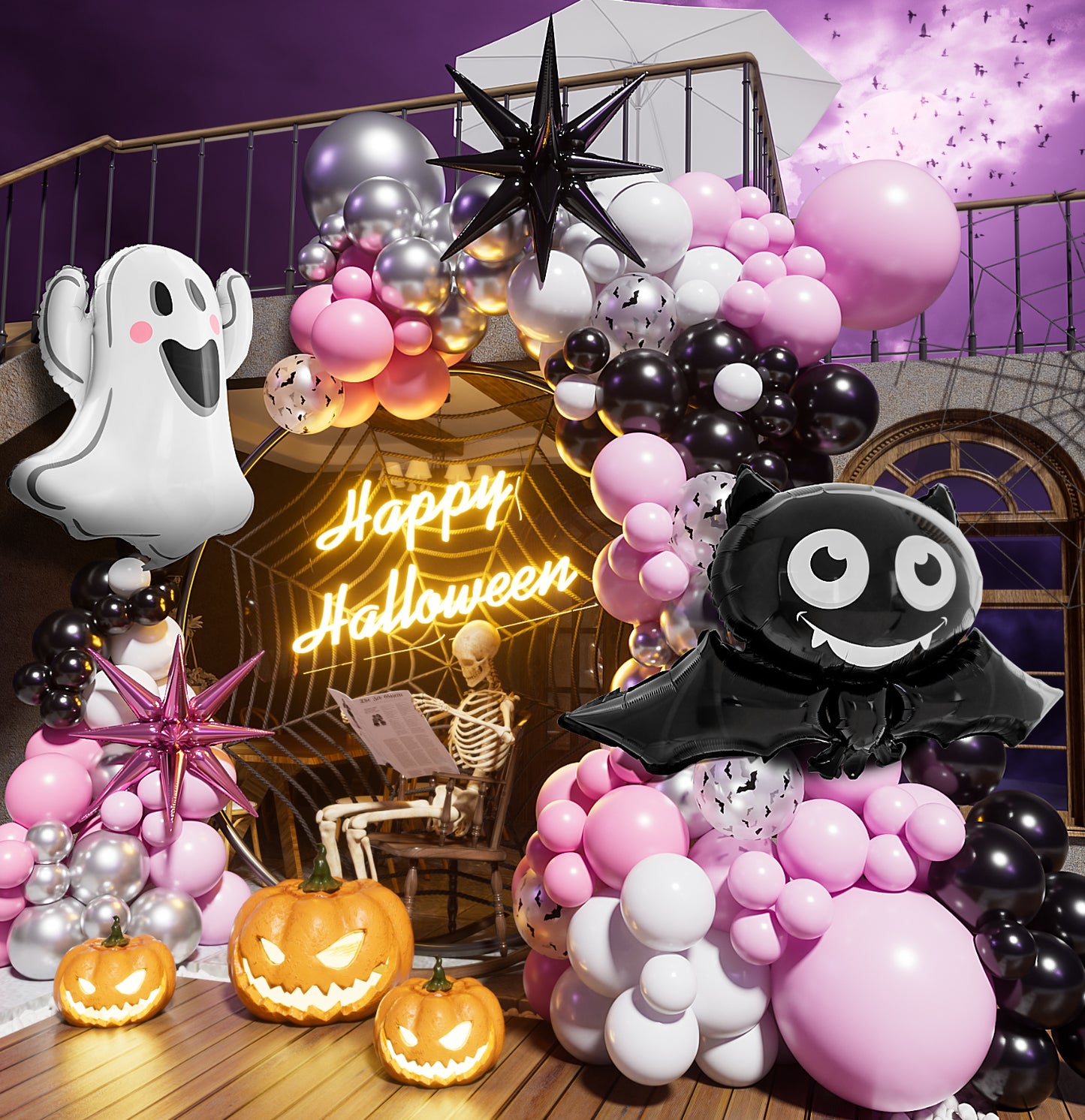 Haolongfa Pink Black Silver Halloween Balloons Garland Arch Kit,130pcs Halloween Balloons With Starburst,Ghost,Bat Foil Balloons for Girl,Birthday,Baby Shower,Spooky One,Halloween Party Decorations