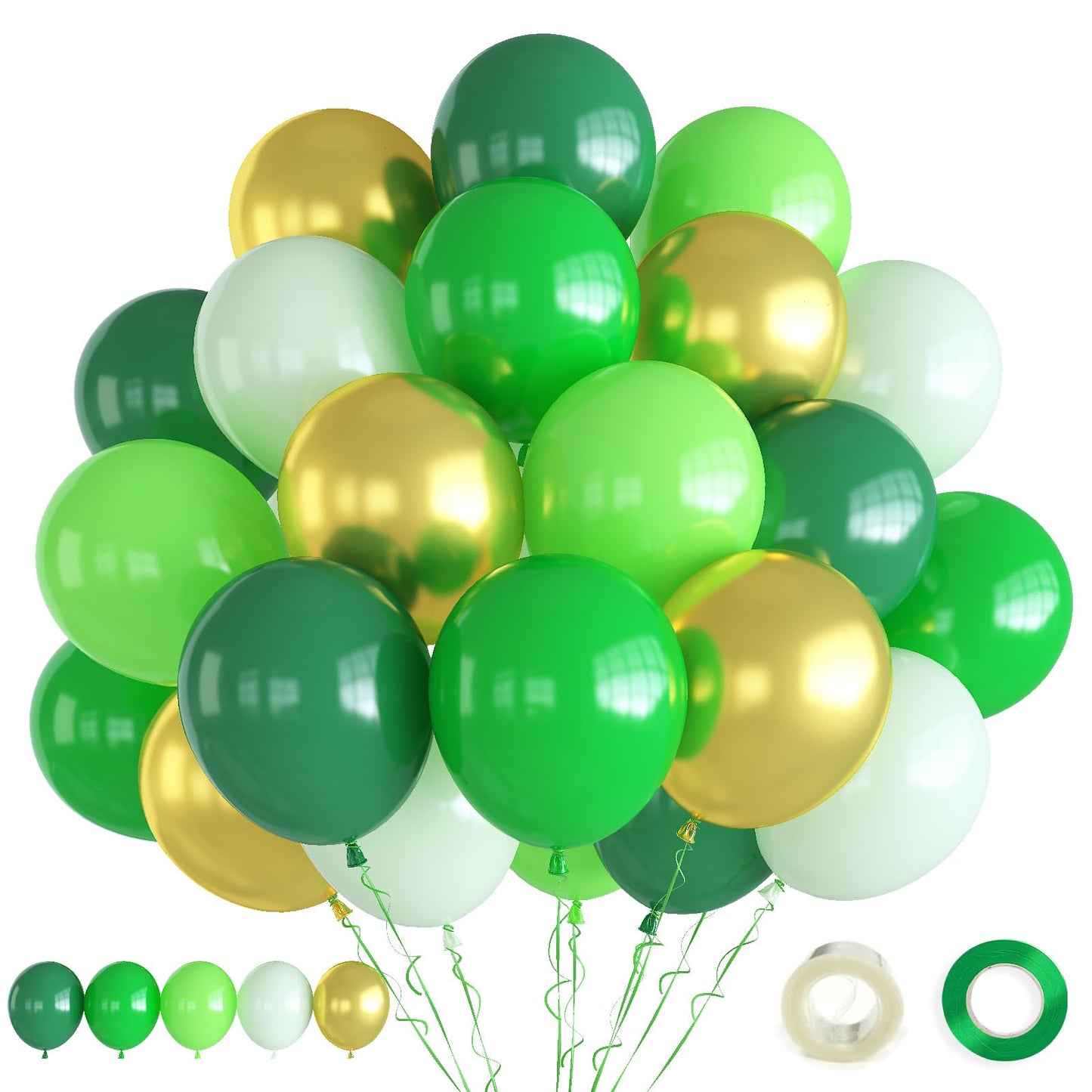 Haolongfa Green Balloons,12inch 60pcs Green Gold Balloons Lime Green Balloons for Jungle Safari Birthday Baby Shower Jungle Safari Forest Gender reveal Party St.Patrick Day Decorations