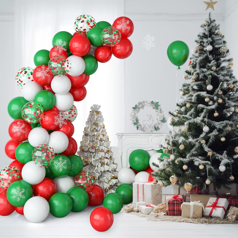 Haolongfa Red White Green Balloon Garland Arch kit,150Pcs Red White Green Confetti Balloons with Hanging Snowflakes for Holiday snow balloon arch kit for Birthday New Year's party Decorations