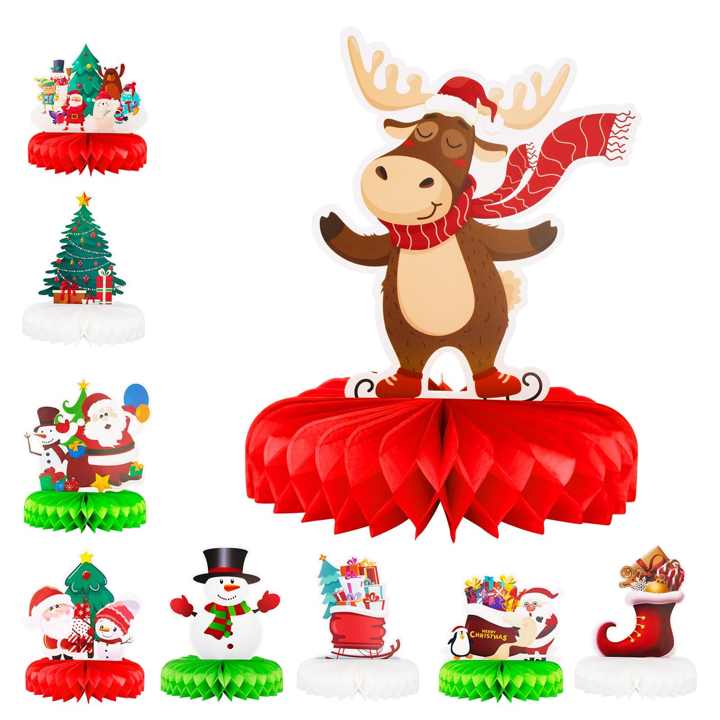 Haolongfa Christmas Honeycomb Centerpieces 9 Pcs for Table Decorations,3D Christmas Honeycomb Decorations for Holiday Santa Reindeer Snowman Christmas Tree,Xmas Table Centerpiece Decorations