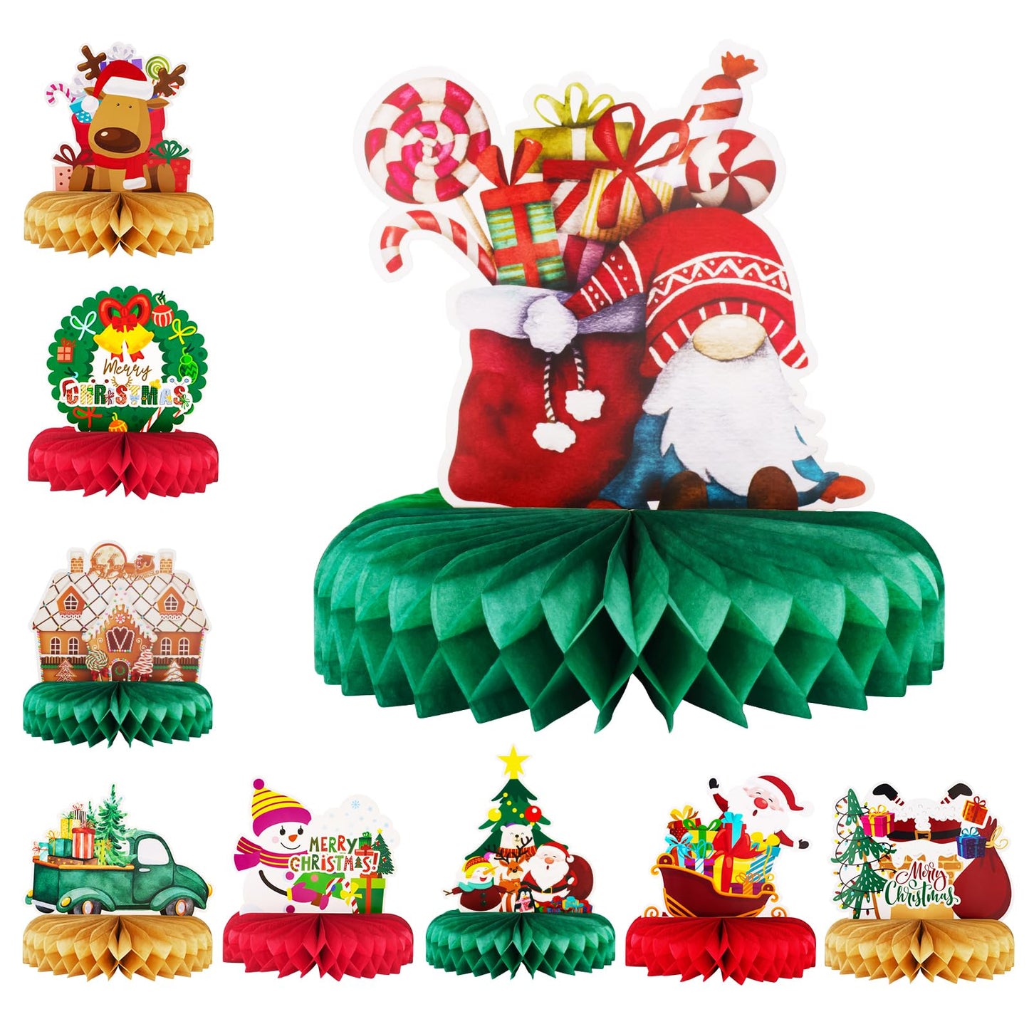 Haolongfa Christmas Honeycomb centerpieces 9 Pcs for Table Decorations,3D Honeycomb Xmas Party Decoration, Christmas Honeycomb Decorations for Holiday Santa car gifts Tree Table Conterpieces