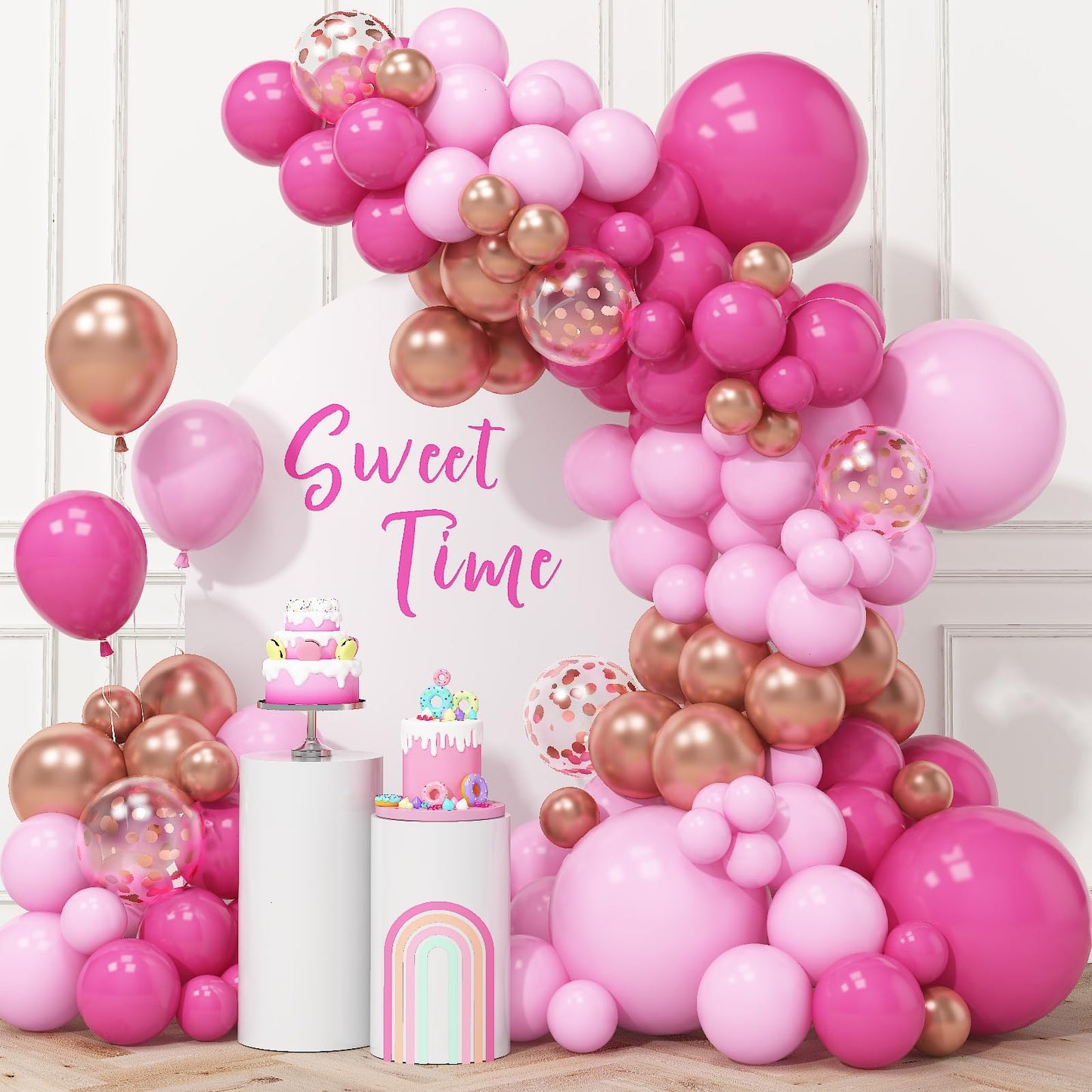 Haolongfa Pink Balloon Garland Arch Kit,148pcs Pink Balloons Rose Metallic Gold Confetti Balloons for Girl's Birthday Princess Theme Baby Shower Wedding Valentines Day Decorations