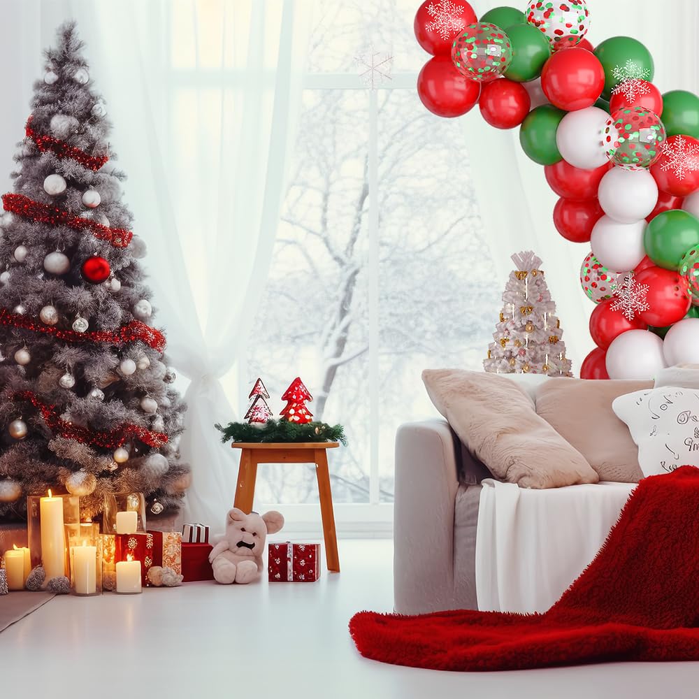 Haolongfa Red White Green Balloon Garland Arch kit,150Pcs Red White Green Confetti Balloons with Hanging Snowflakes for Holiday snow balloon arch kit for Birthday New Year's party Decorations