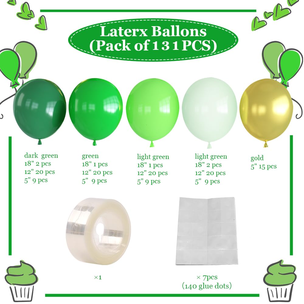Haolongfa Green Balloon Arch Kit with131pcs Thickened Latex Green Party Balloons Different Sizes18/12/5 Inch,Gold Lime Dark Green Balloons for Jungle Safari Forest Party St.Patrick Day Birthday Decorations