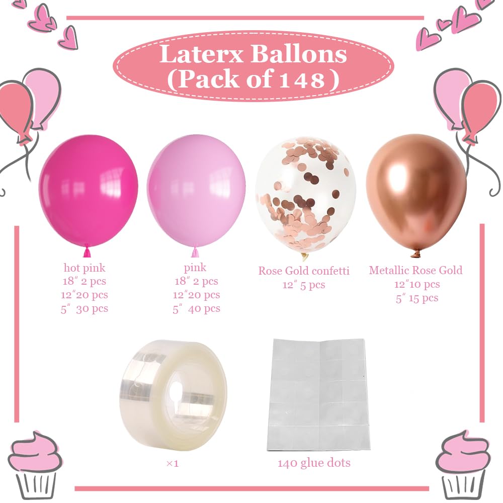 Haolongfa Pink Balloon Garland Arch Kit,148pcs Pink Balloons Rose Metallic Gold Confetti Balloons for Girl's Birthday Princess Theme Baby Shower Wedding Valentines Day Decorations