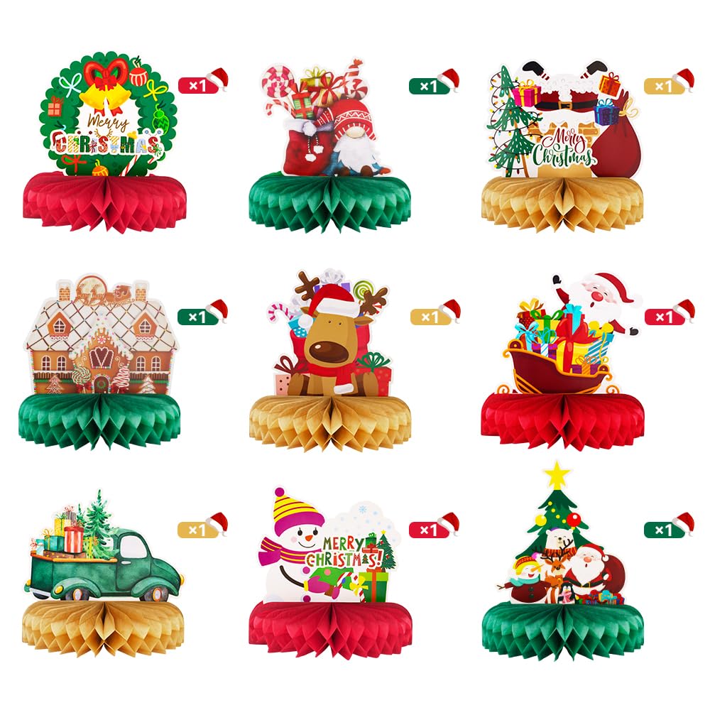 Haolongfa Christmas Honeycomb centerpieces 9 Pcs for Table Decorations,3D Honeycomb Xmas Party Decoration, Christmas Honeycomb Decorations for Holiday Santa car gifts Tree Table Conterpieces