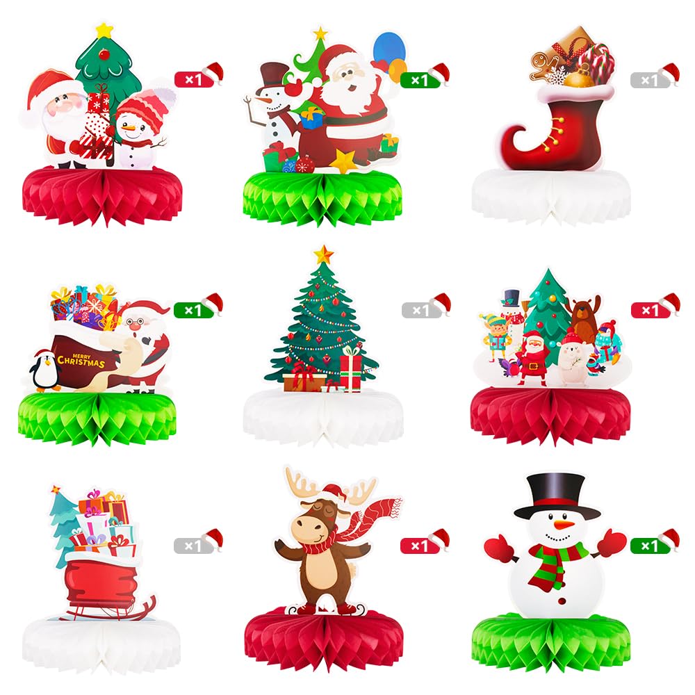 Haolongfa Christmas Honeycomb Centerpieces 9 Pcs for Table Decorations,3D Christmas Honeycomb Decorations for Holiday Santa Reindeer Snowman Christmas Tree,Xmas Table Centerpiece Decorations
