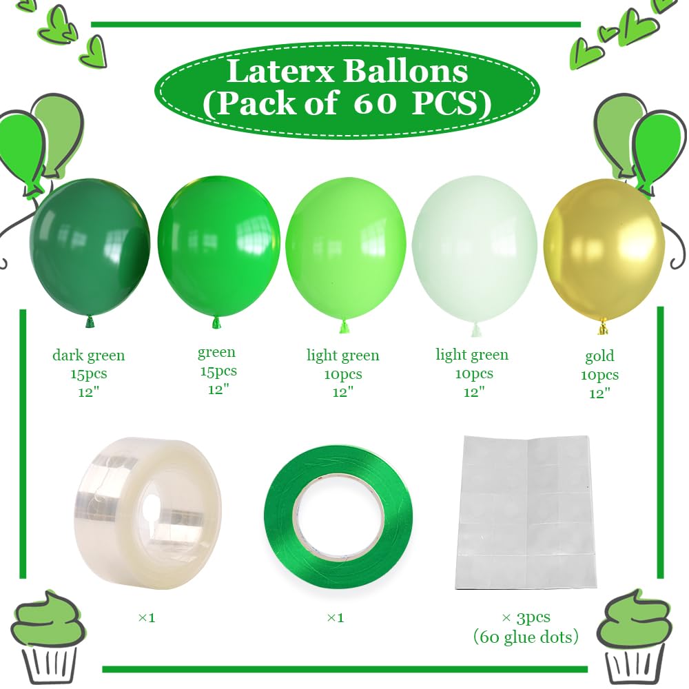 Haolongfa Green Balloons,12inch 60pcs Green Gold Balloons Lime Green Balloons for Jungle Safari Birthday Baby Shower Jungle Safari Forest Gender reveal Party St.Patrick Day Decorations