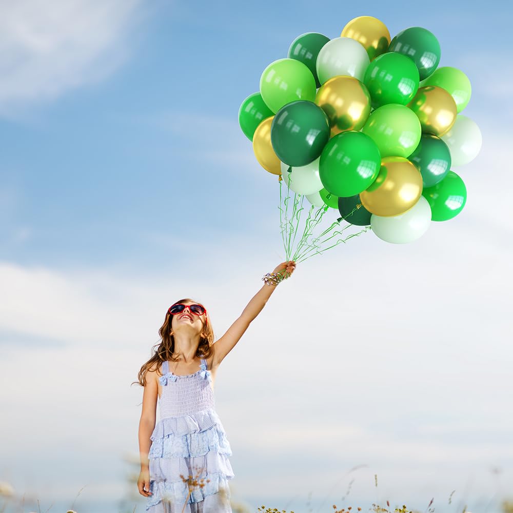 Haolongfa Green Balloons,12inch 60pcs Green Gold Balloons Lime Green Balloons for Jungle Safari Birthday Baby Shower Jungle Safari Forest Gender reveal Party St.Patrick Day Decorations