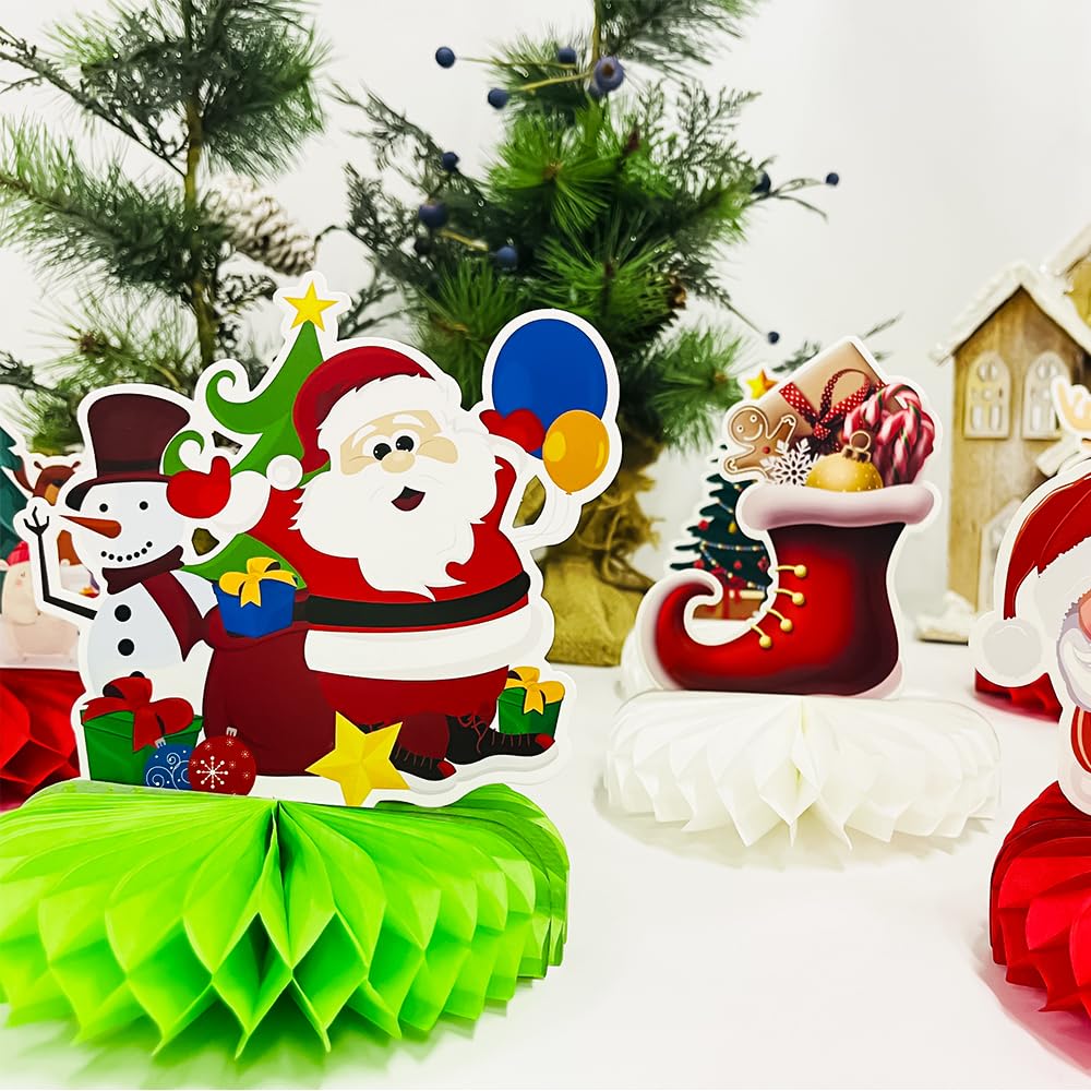 Haolongfa Christmas Honeycomb Centerpieces 9 Pcs for Table Decorations,3D Christmas Honeycomb Decorations for Holiday Santa Reindeer Snowman Christmas Tree,Xmas Table Centerpiece Decorations