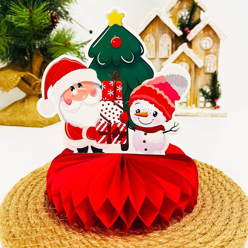 Haolongfa Christmas Honeycomb Centerpieces 9 Pcs for Table Decorations,3D Christmas Honeycomb Decorations for Holiday Santa Reindeer Snowman Christmas Tree,Xmas Table Centerpiece Decorations