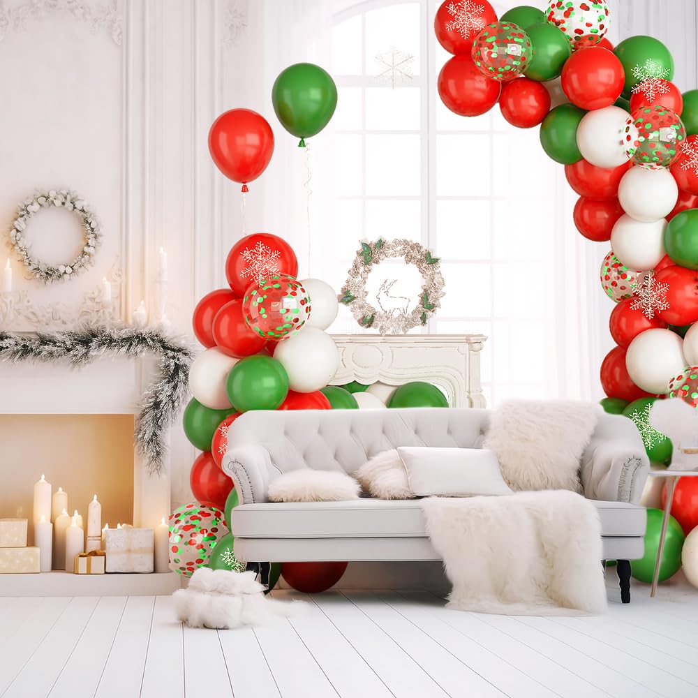 Haolongfa Red White Green Balloon Garland Arch kit,150Pcs Red White Green Confetti Balloons with Hanging Snowflakes for Holiday snow balloon arch kit for Birthday New Year's party Decorations