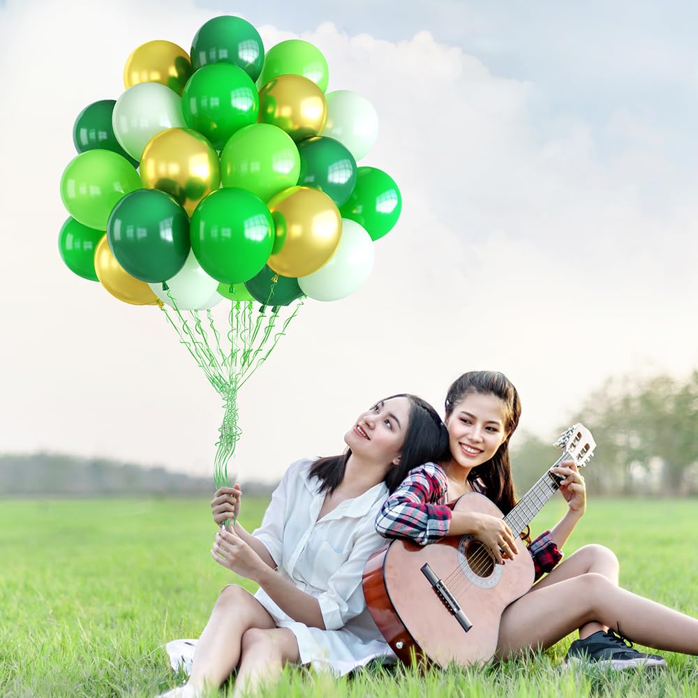 Haolongfa Green Balloons,12inch 60pcs Green Gold Balloons Lime Green Balloons for Jungle Safari Birthday Baby Shower Jungle Safari Forest Gender reveal Party St.Patrick Day Decorations