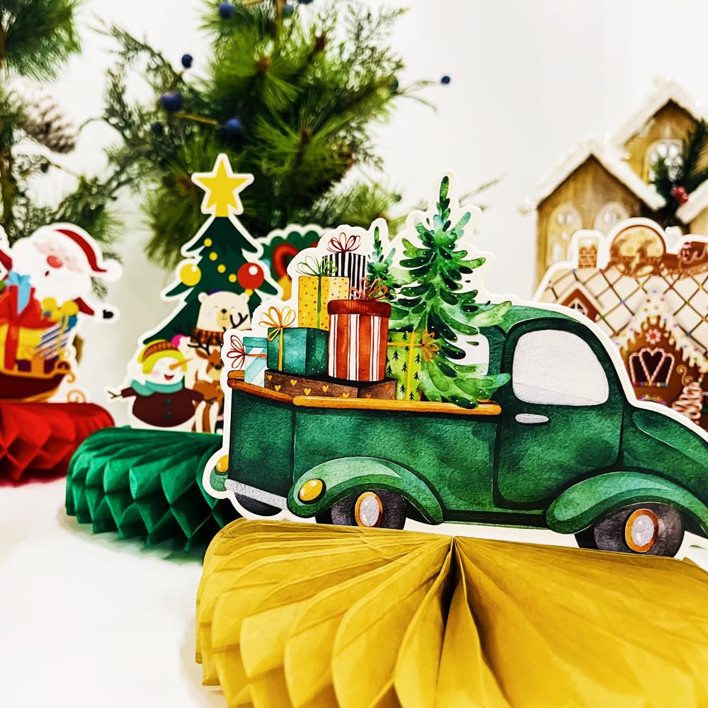 Haolongfa Christmas Honeycomb centerpieces 9 Pcs for Table Decorations,3D Honeycomb Xmas Party Decoration, Christmas Honeycomb Decorations for Holiday Santa car gifts Tree Table Conterpieces