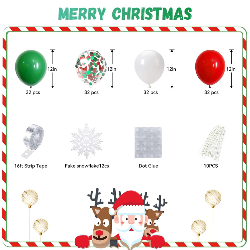 Haolongfa Red White Green Balloon Garland Arch kit,150Pcs Red White Green Confetti Balloons with Hanging Snowflakes for Holiday snow balloon arch kit for Birthday New Year's party Decorations