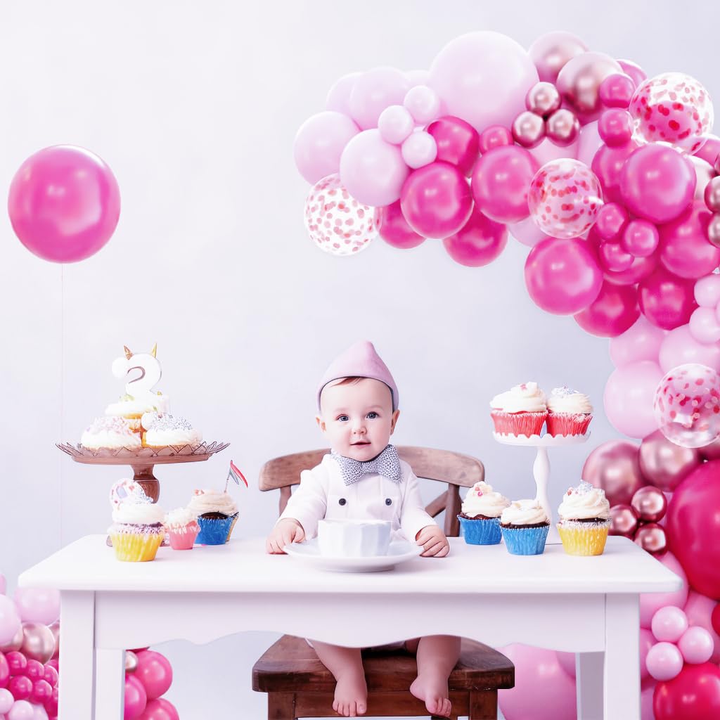 Haolongfa Pink Balloon Garland Arch Kit,148pcs Pink Balloons Rose Metallic Gold Confetti Balloons for Girl's Birthday Princess Theme Baby Shower Wedding Valentines Day Decorations
