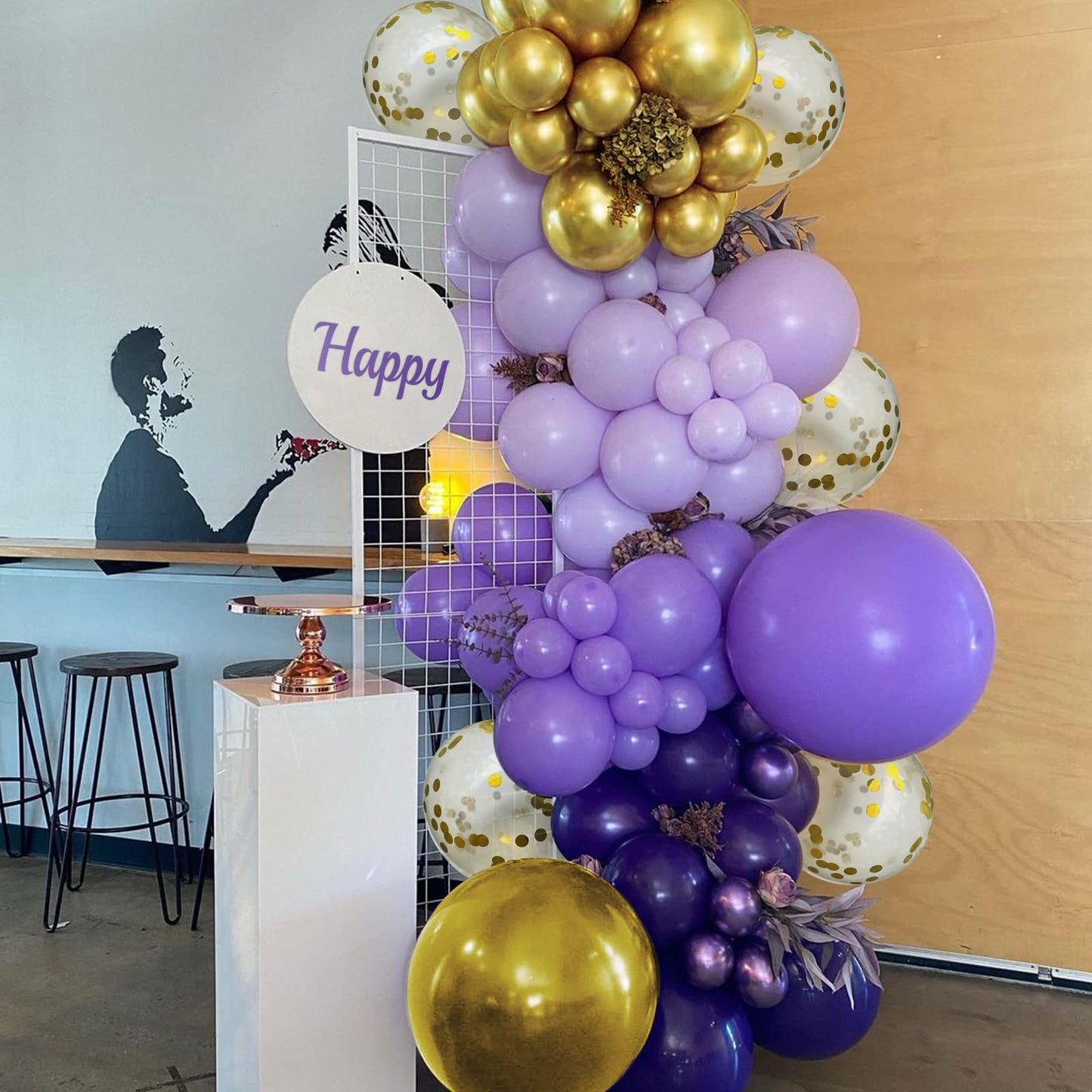 Haolongfa Purple Gold Balloon Arch kit 135pcs Gold Arch Balloons,Dark Confetti Metallic pastel Macaron Purple Butterfly Balloons,for Wedding Birthday Baby Shower Graduation Party Decorations Supplies…