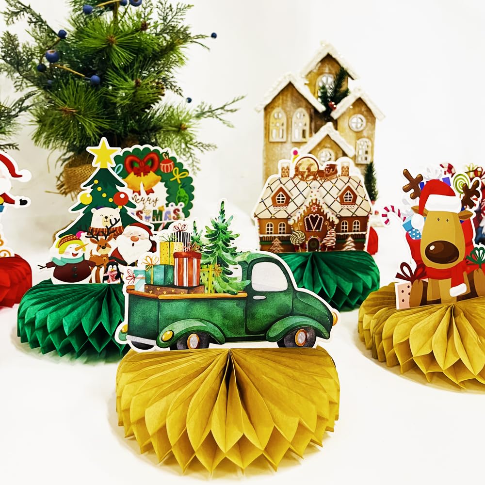 Haolongfa Christmas Honeycomb centerpieces 9 Pcs for Table Decorations,3D Honeycomb Xmas Party Decoration, Christmas Honeycomb Decorations for Holiday Santa car gifts Tree Table Conterpieces