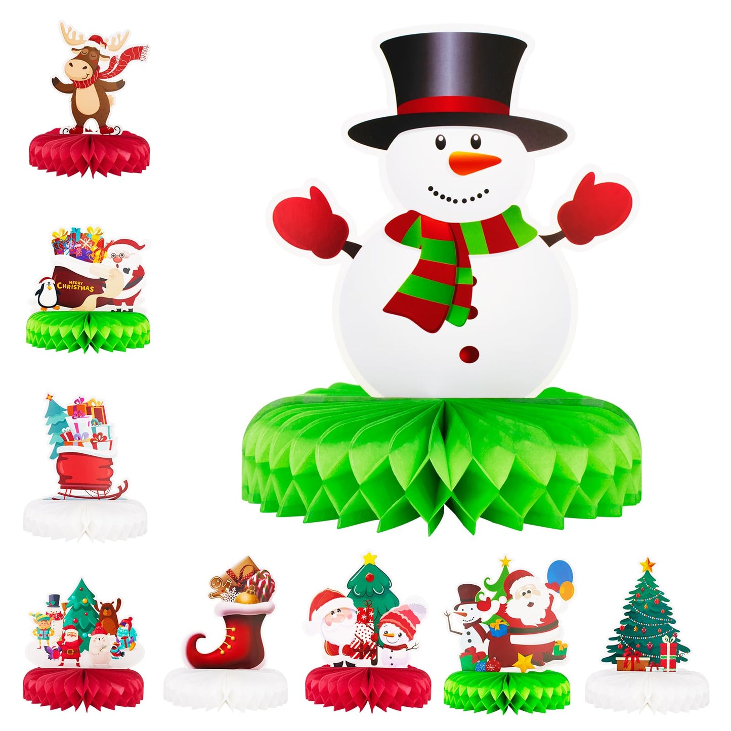 Haolongfa Christmas Honeycomb Centerpieces 9 Pcs for Table Decorations,3D Christmas Honeycomb Decorations for Holiday Santa Reindeer Snowman Christmas Tree,Xmas Table Centerpiece Decorations