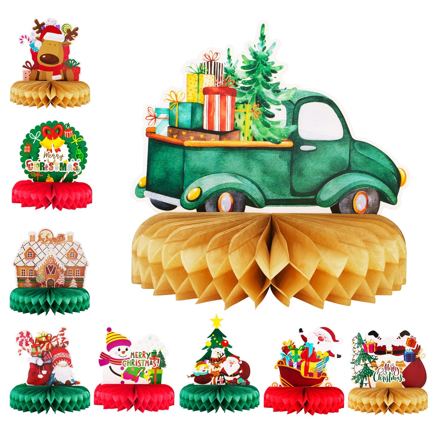 Haolongfa Christmas Honeycomb centerpieces 9 Pcs for Table Decorations,3D Honeycomb Xmas Party Decoration, Christmas Honeycomb Decorations for Holiday Santa car gifts Tree Table Conterpieces