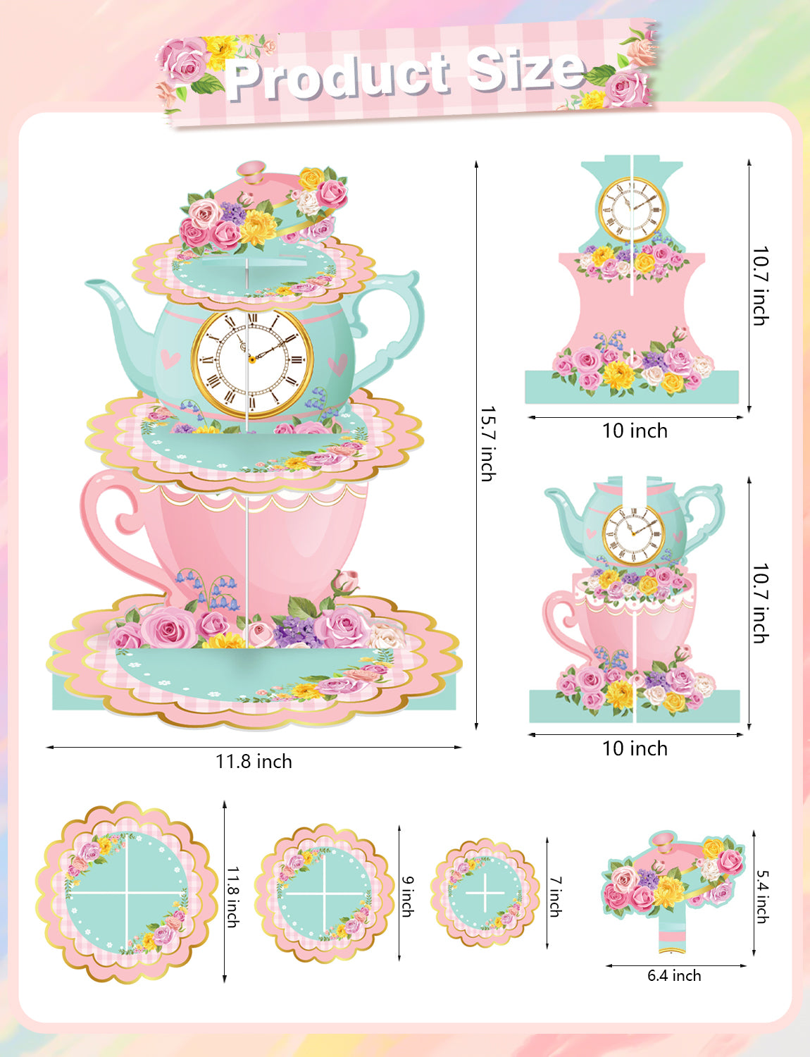 3 Tier Tea Party Cupcake Stand, Floral Teapot Cupcake Holder Large Cardboard Cupcake Stand for Dessert Table Displays, Afternoon Tea Cake Stand for Birthday Baby Shower Tea Party Decor