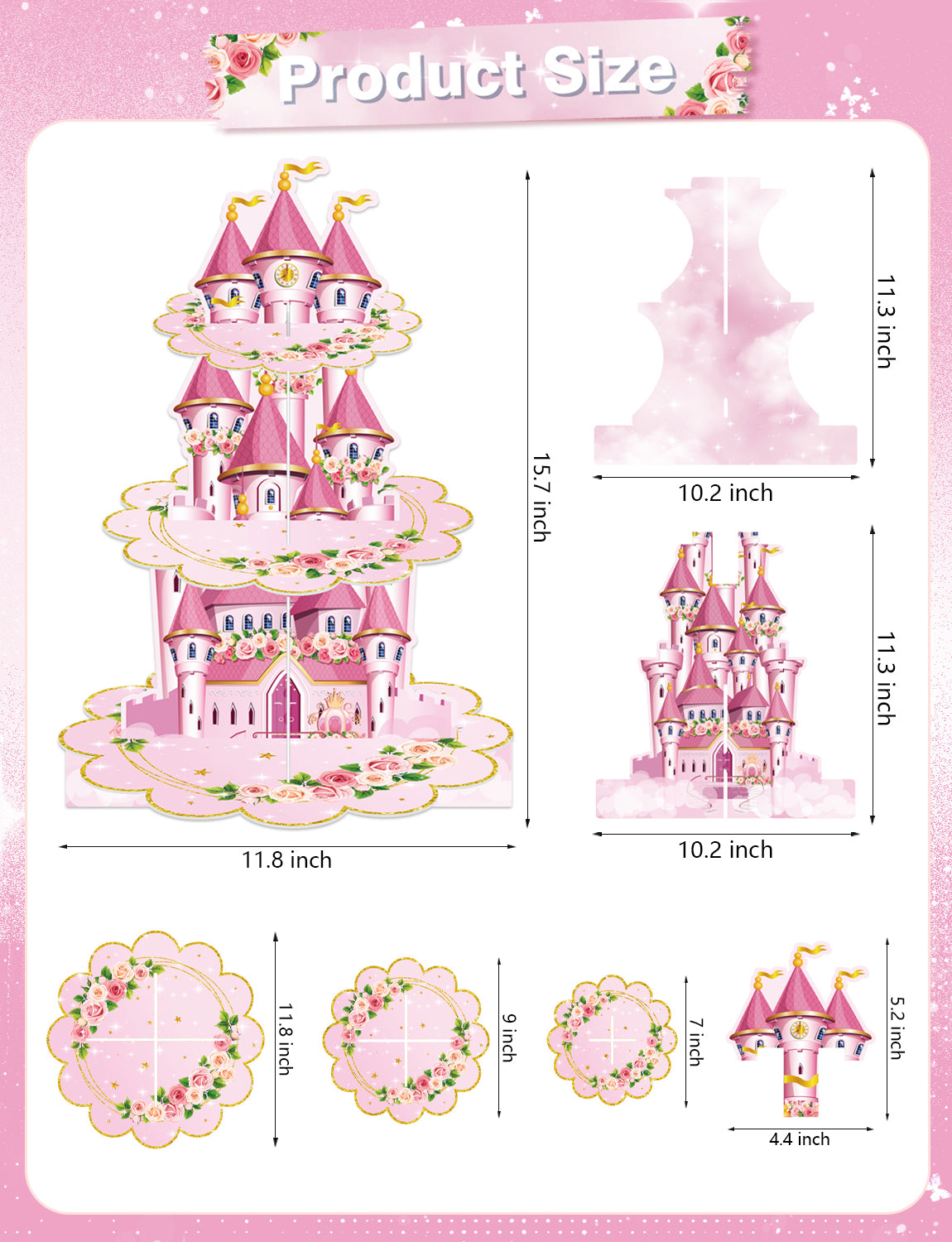 3 Tier Princess Cupcake Stand, Pink Cupcake Holder for Birthday Princess Castle Cake Stand for Dessert Table Display, Cardboard Cupcake Stand for Baby Shower Fairy Princess Party Decoration
