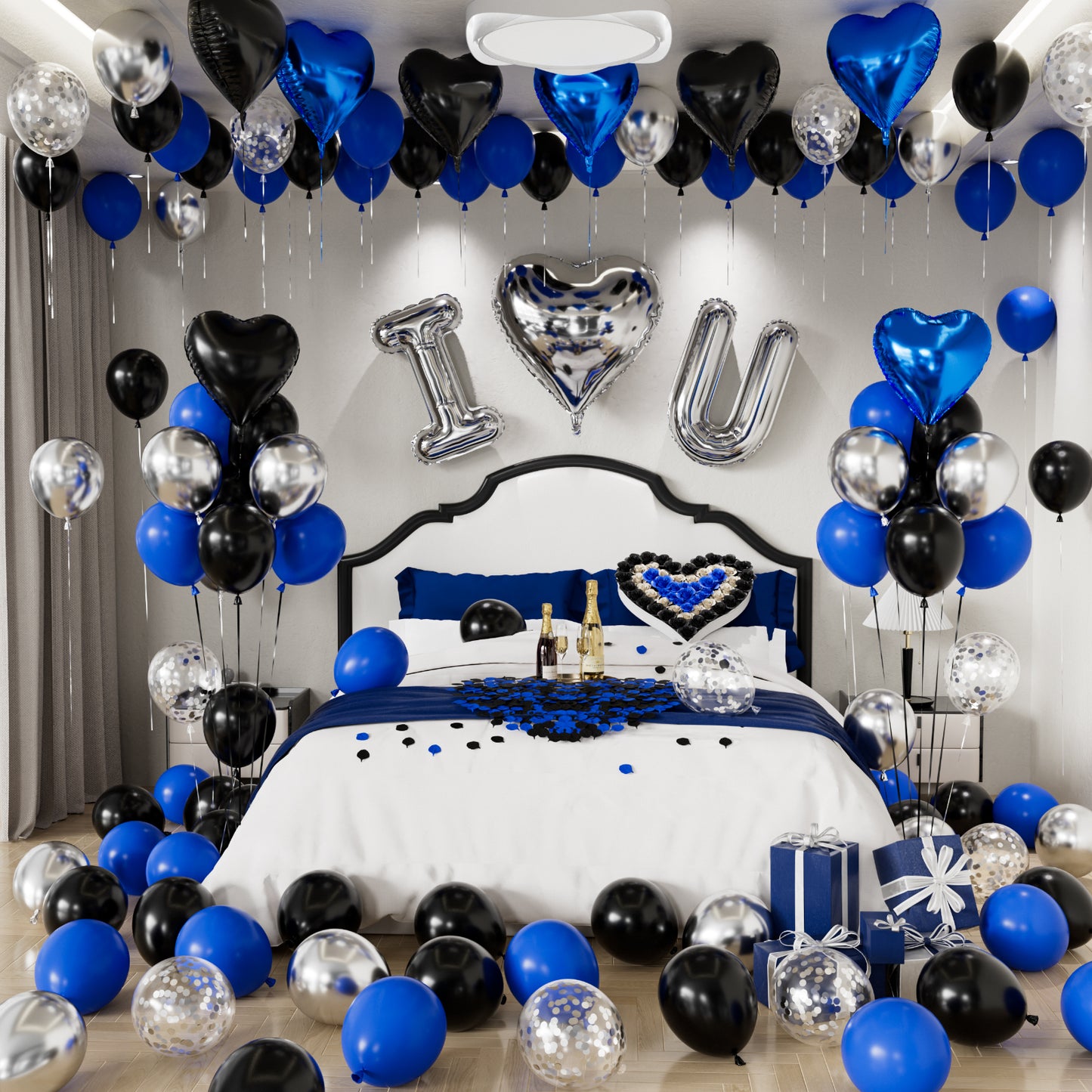 I Love You Balloons, Romantic Blue Black and Silver Anniversary Decorations