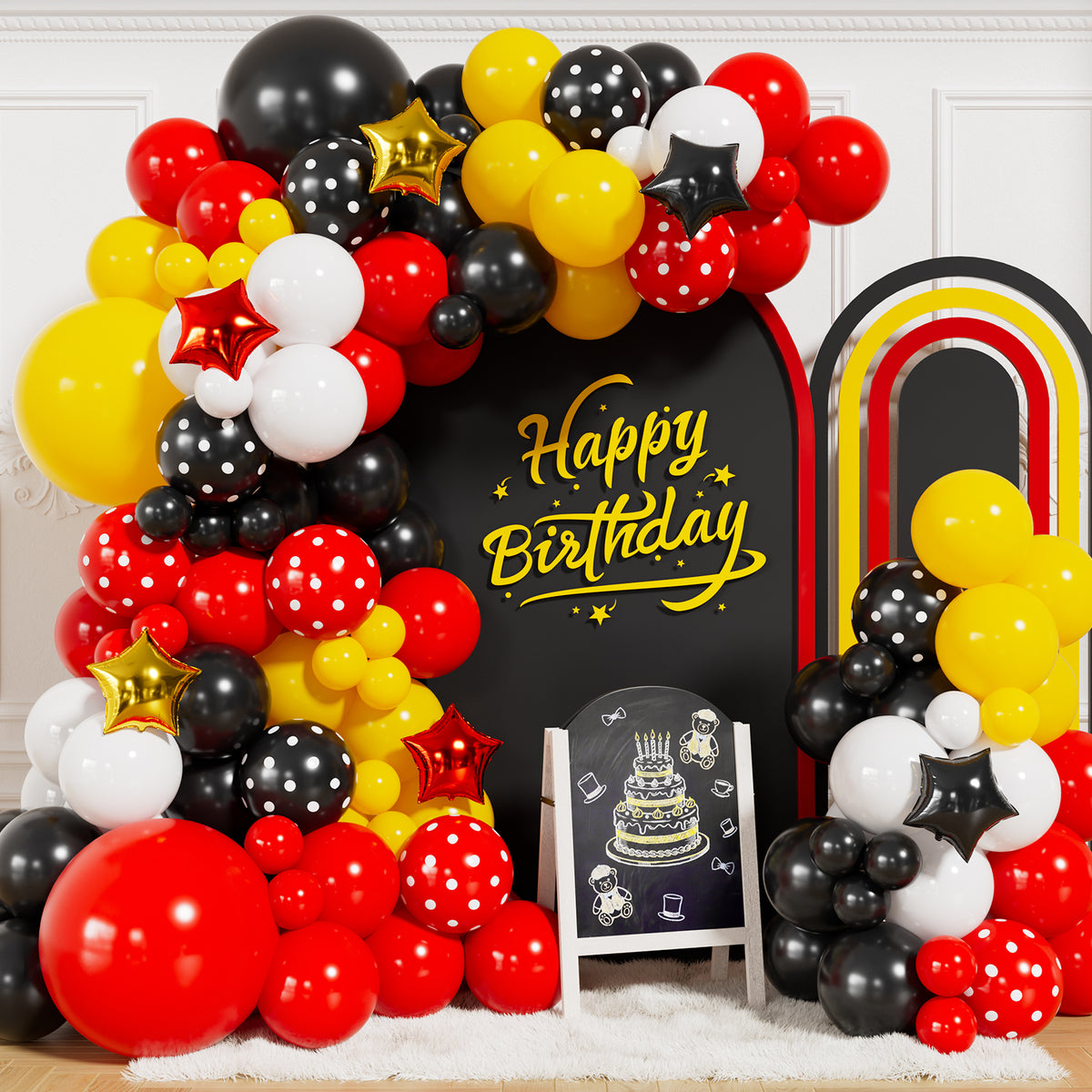 Red Yellow Black Balloon Garland Arch Kit for Cartoon Party Decor 144 Pcs Red Yellow Black Balloons with Polka Dots, Star Foil Balloons, Cartoon Theme Birthday, Baby Shower Party Decor