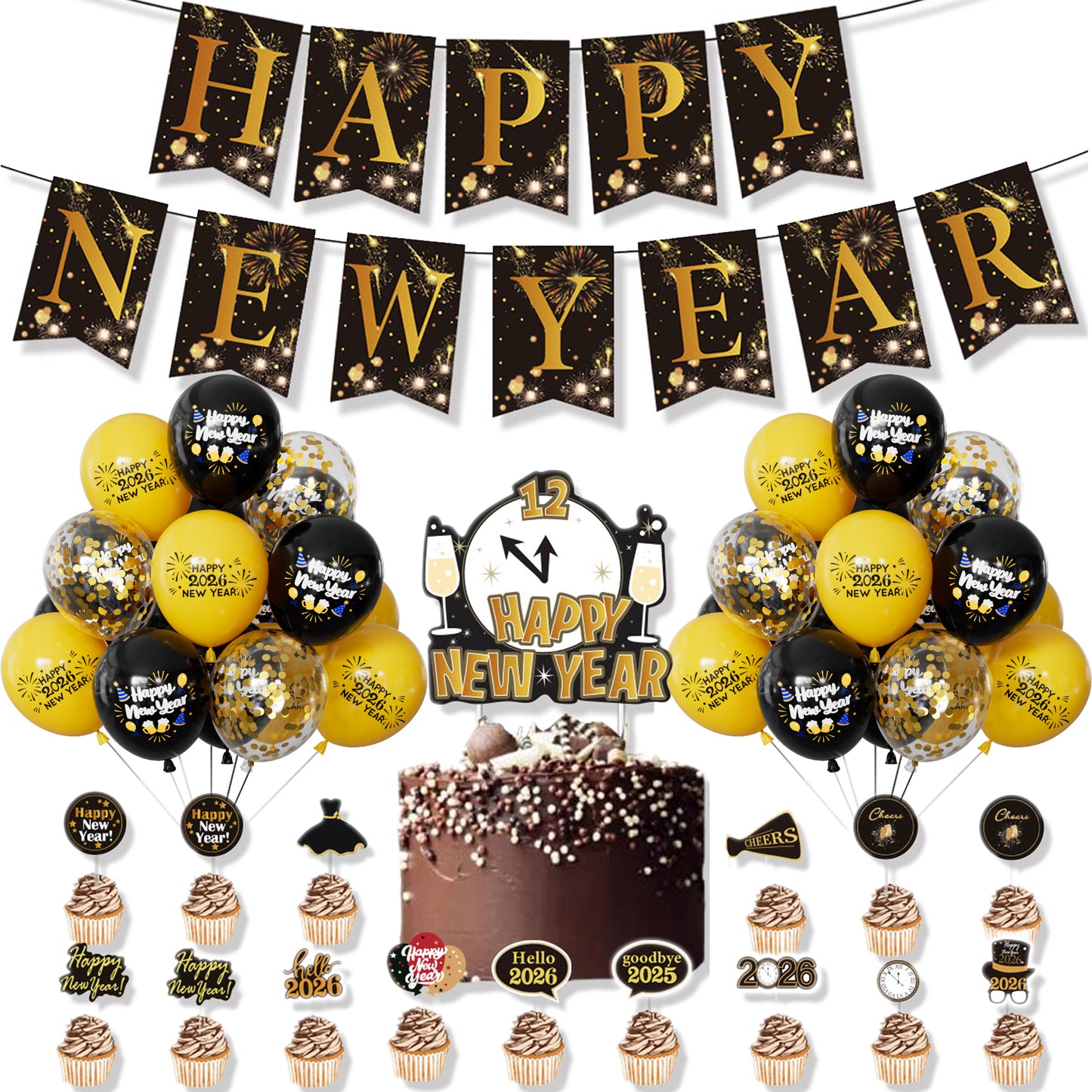 Happy New Year Decorations 2026 Set – Black & Gold Balloons, Happy New Year Banner, Cupcake Toppers, New Years Eve Party Supplies for Countdown Celebration & Home Decor