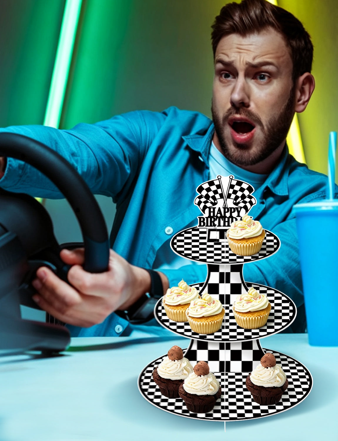 Race Car Cupcake Stand, 3-Tier Checkered Cake Stand for Birthday Large Cardboard Cupcake Stand, Black White Checkered Cupcake Holder for Dessert Table Display, Race Car Birthday Party Decor