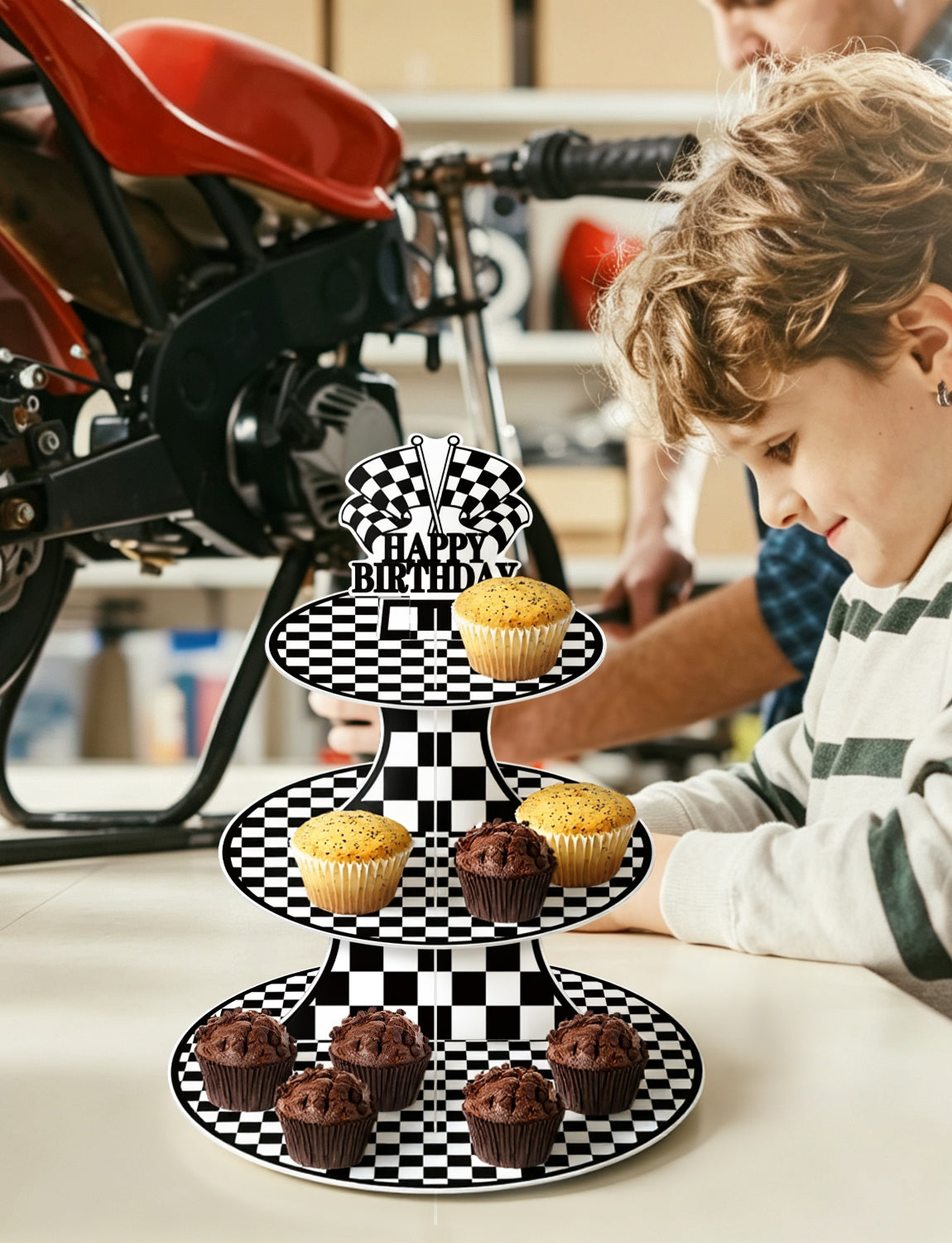 Race Car Cupcake Stand, 3-Tier Checkered Cake Stand for Birthday Large Cardboard Cupcake Stand, Black White Checkered Cupcake Holder for Dessert Table Display, Race Car Birthday Party Decor