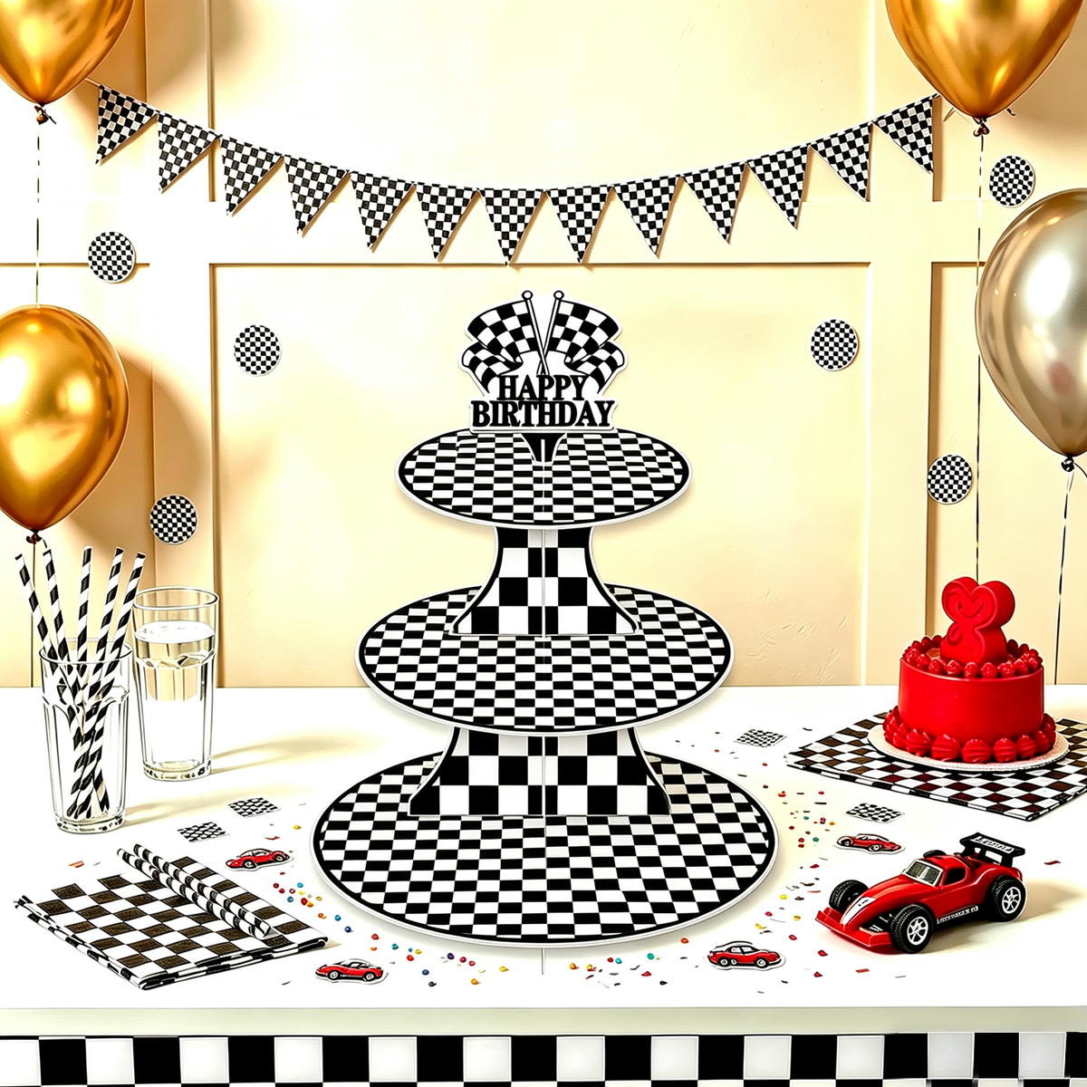 Race Car Cupcake Stand, 3-Tier Checkered Cake Stand for Birthday Large Cardboard Cupcake Stand, Black White Checkered Cupcake Holder for Dessert Table Display, Race Car Birthday Party Decor