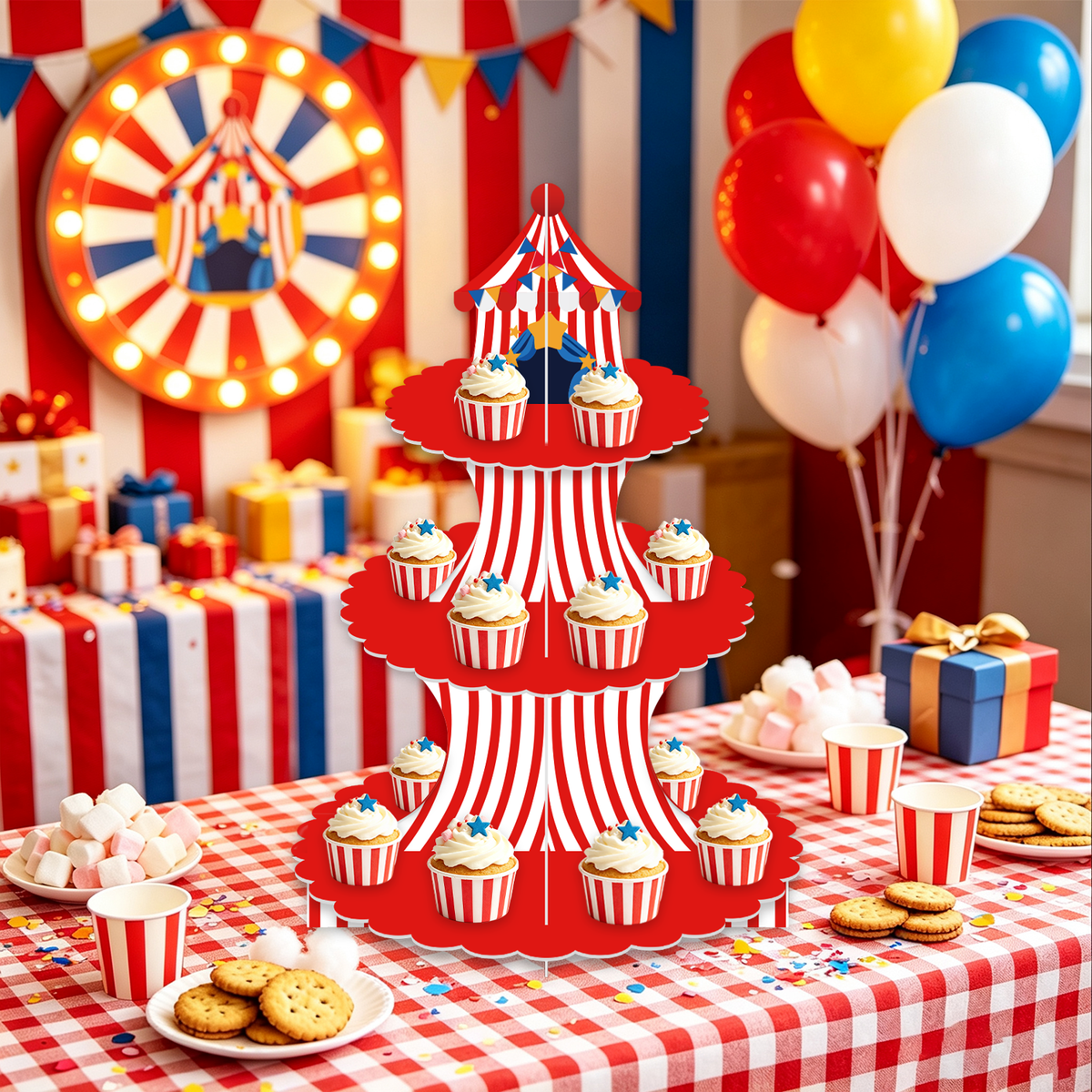 3 Tier Cupcake Stand, Circus Carnival Cupcake Holder for Birthday Circus Tent Cake Stand for Dessert Table Displays, Red White Cardboard Cupcake Stand for Baby Shower and Circus Party Decor