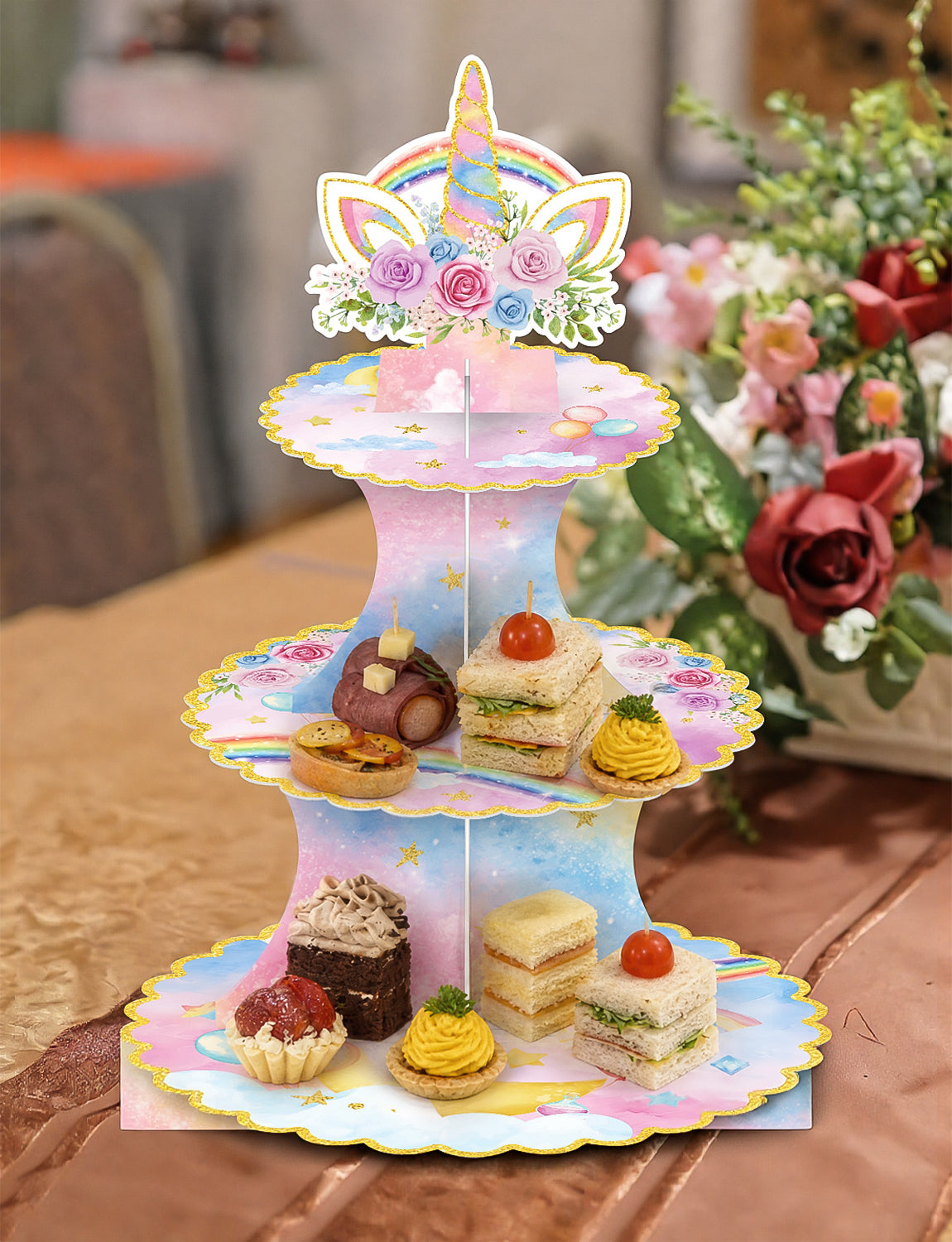 3 Tier Rainbow Cupcake Stand, Pastel CupCake Holder for Birthday Pink Blue Cardboard Cupcake Stand for Dessert Table Display, Rainbow Cup cake Stand for Birthday, Baby Shower, Wedding Decor