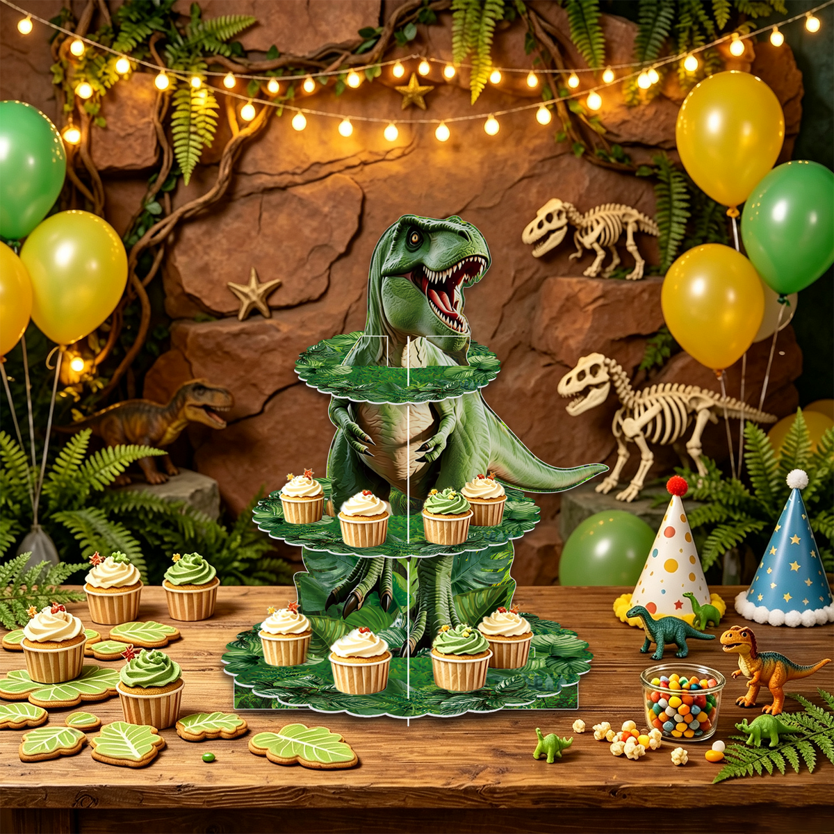 Dinosaur Cupcake Stand, 3 Tier Cake Stand for Dino Birthday Decor Dinosaur Cupcake Holder, Large Cardboard Cupcake Stand for Dessert Table Display, Dino Safari Jungle Theme Party Supplies