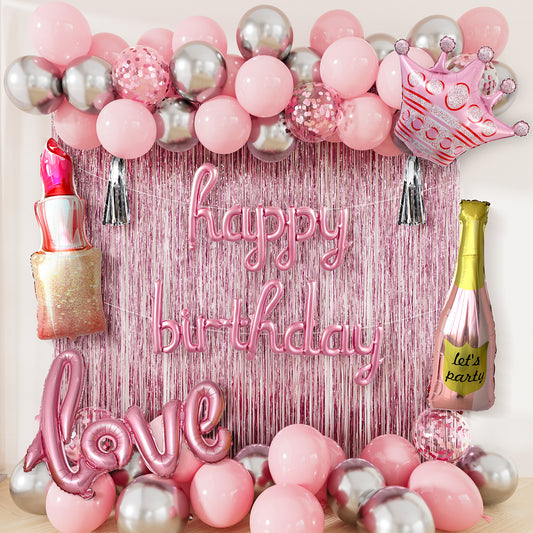 Pink Happy Birthday Decorations for Women and Girls – Pink and Silver Balloons, Happy Birthday Banner, Foil Crown Love Balloons with Fringe Curtain for Birthday Party Supplies