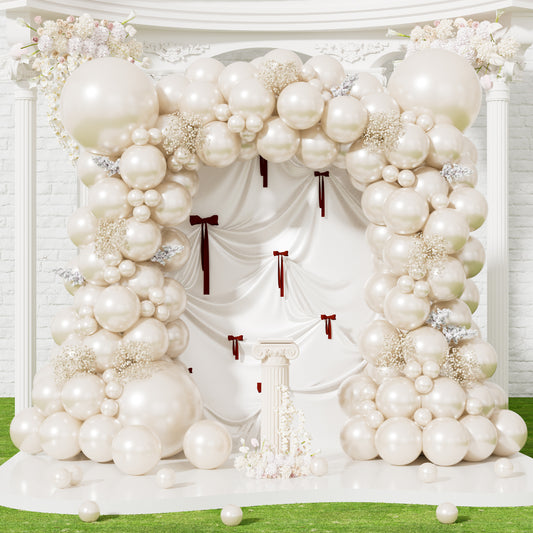 Pearl Sand White Balloon Garland Arch Kit,146Pcs Double Stuffed Pearl and Beige Cream Balloons in 18/10/5 Inch, Romantic Ivory Wedding Balloon Arch for Bridal Shower, Engagement, Wedding Decorations