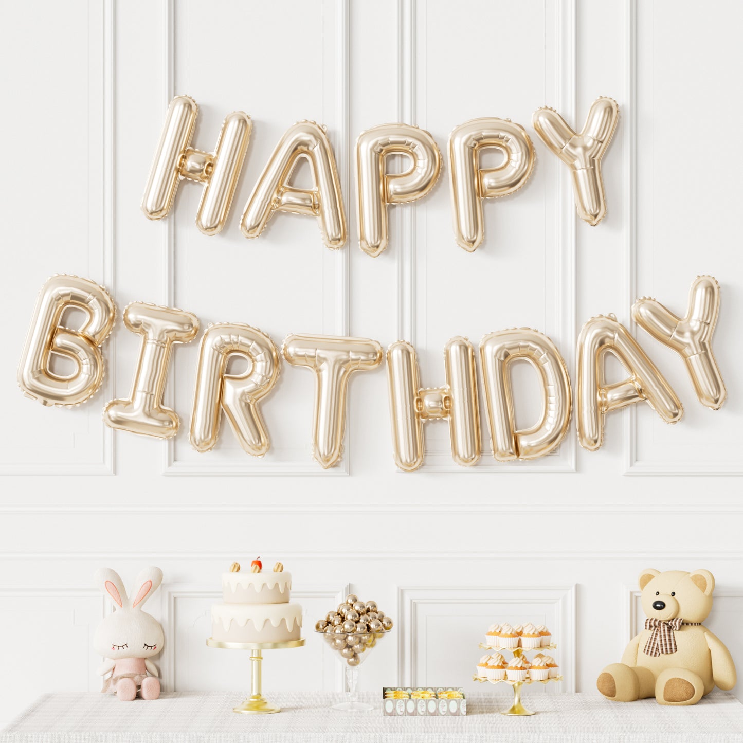 Champagne Gold Happy Birthday Balloon Banner, 16-Inch Foil Letter Balloons, Elegant Birthday Decorations for Women Girls, Adult Birthday Party Photo Backdrop