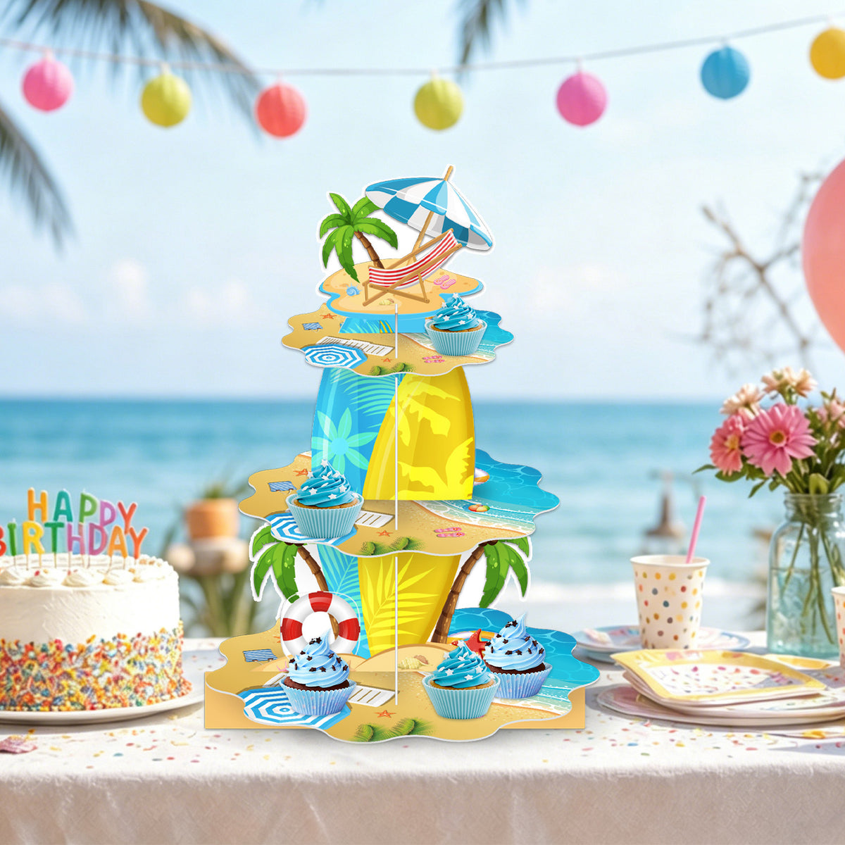 3 Tier Summer Beach Cupcake Stand, Hawaiian Cupcake Holder Stand Large Cardboard Cupcake Stand for Dessert Table Displays, Pool Cup cake Stand for Birthday Baby Shower Beach Tropical Decor
