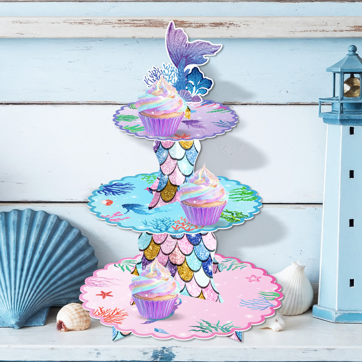 3 Tier Mermaid Cupcake Stand, Mermaid Birthday Party Decorations Mermaid Cupcake Holder for Dessert Table Display, Large Cardboard Cupcake Stand for Baby Shower, Under The Sea Party Supplies