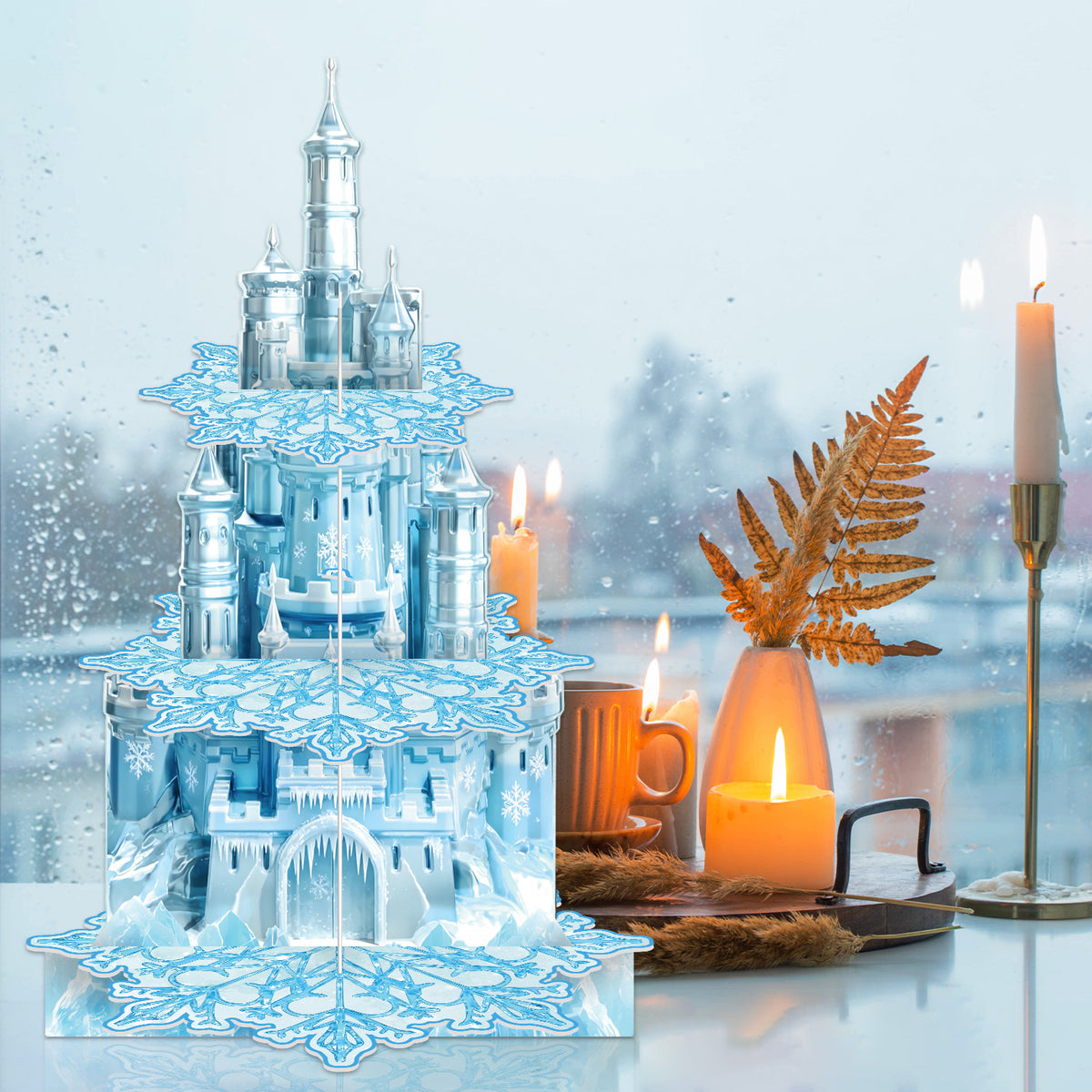 Snowflake Cupcake Stand, 3 Tier Winter Wonderland Cupcake Holder Snowflake Cardboard Cupcake Stand for Dessert Table Display, Blue Cup Cake Stand for Birthday Baby Shower Princess Decoration