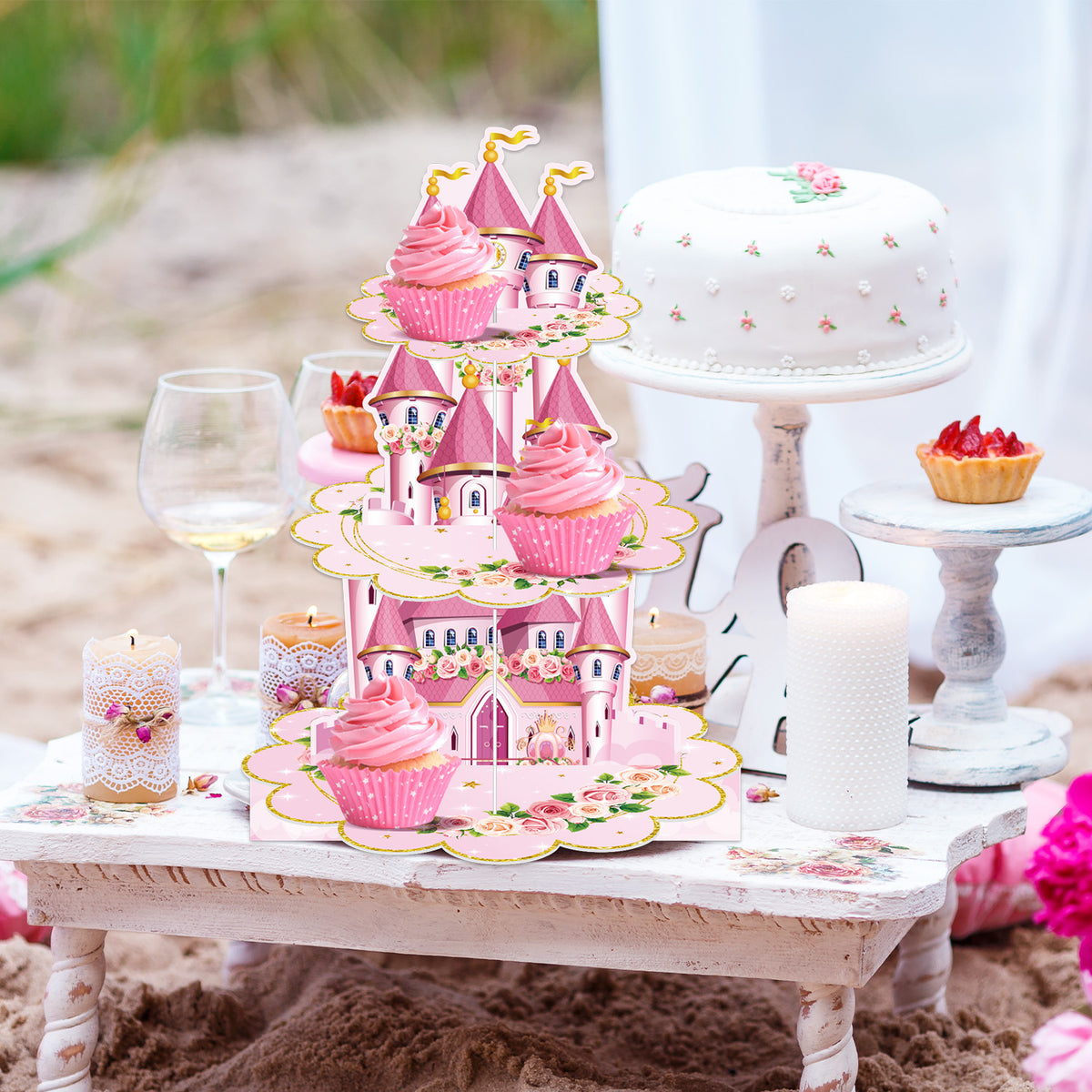 3 Tier Princess Cupcake Stand, Pink Cupcake Holder for Birthday Princess Castle Cake Stand for Dessert Table Display, Cardboard Cupcake Stand for Baby Shower Fairy Princess Party Decoration