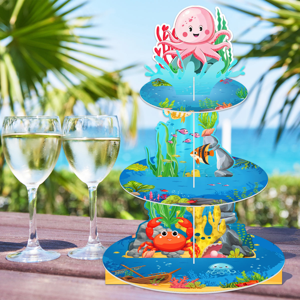 3 Tier Cupcake Stand, Ocean Cupcake Holder for Party Decorations Under the Sea Cup Cake Stand for Dessert Table Display, Cardboard Cupcake Stand for Shark Mermaid Baby Shower Birthday Decor
