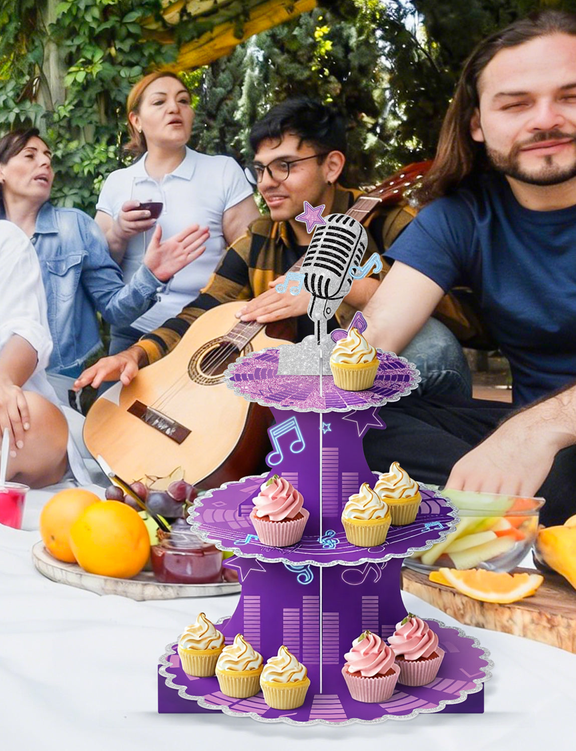 3 Tier Cupcake Stand, Purple Music CupCake Holder for Birthday Large Cardboard CupCake Stand, Music Cup Cake Tower Stand for Dessert Table Displays, Music Birthday Party Decorations