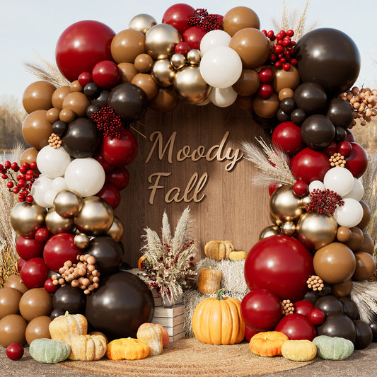 Double Stuffed Fall Balloon Arch Kit, 148 Pcs Pre-Nested Balloons | Moody Berry Latex Balloons in Burgundy, Brown, Sand White and Gold for Fall, Thanksgiving, Wedding, Halloween, Birthday Decor