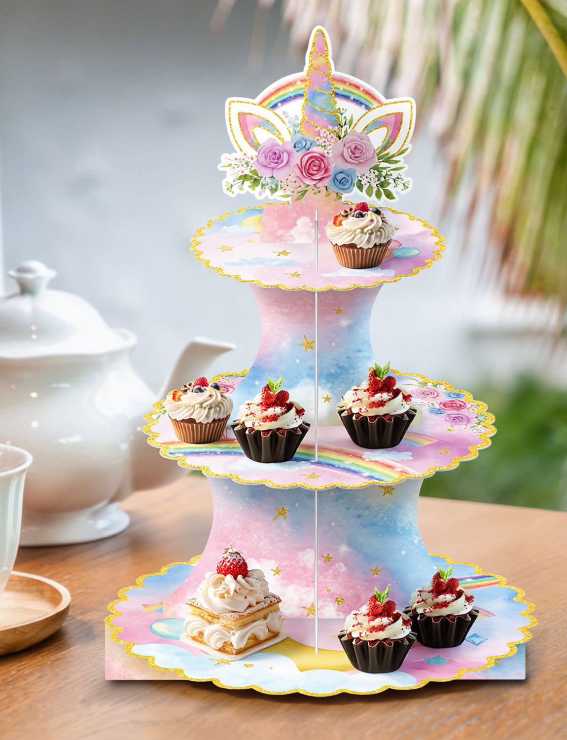 3 Tier Rainbow Cupcake Stand, Pastel CupCake Holder for Birthday Pink Blue Cardboard Cupcake Stand for Dessert Table Display, Rainbow Cup cake Stand for Birthday, Baby Shower, Wedding Decor