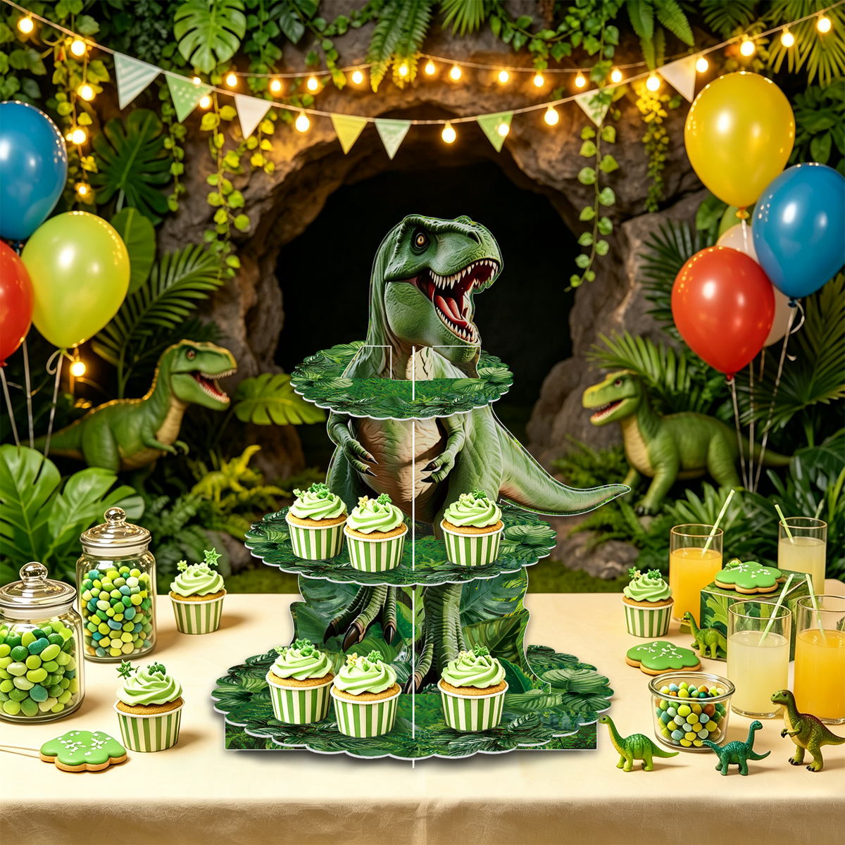 Dinosaur Cupcake Stand, 3 Tier Cake Stand for Dino Birthday Decor Dinosaur Cupcake Holder, Large Cardboard Cupcake Stand for Dessert Table Display, Dino Safari Jungle Theme Party Supplies
