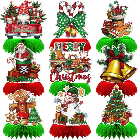 Christmas Party Table Decorations, 9Pcs 3D Christmas Honeycomb Centerpieces with Santa Claus & Snowman Designs, Festive Table Toppers for Winter Christmas Party Supplies