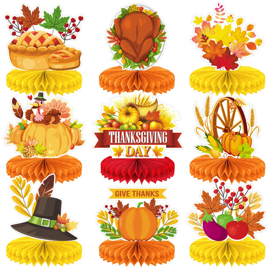 Thanksgiving Table Decorations - 9Pcs Fall Honeycomb Centerpieces for Tables with Pumpkins, Sunflowers, Scarecrow, Squirrel for Thanksgiving Dinner, Autumn Harvest Festival, Rustic Fall Party Decor